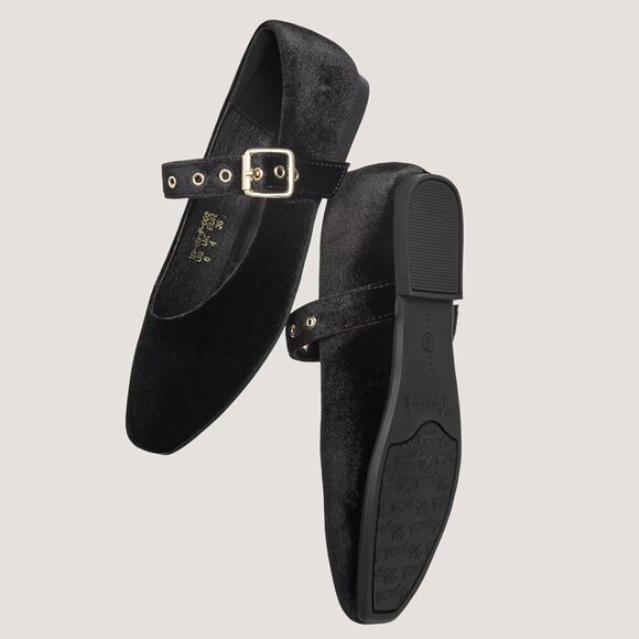 Women Velvet Black Polyurethane (PU) Closed Toe Strap Buckle Ballerina Flats - Picture 6 of 8